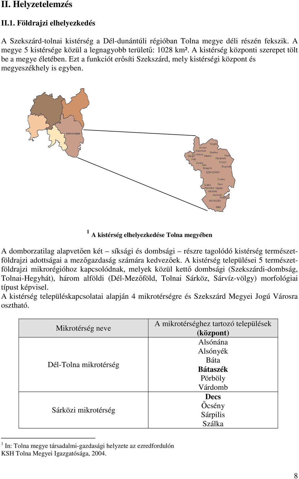 1 A kistérség elhelyezkedése Tolna megyében A domborzatilag alapvetıen két síksági és dombsági részre tagolódó kistérség természetföldrajzi adottságai a mezıgazdaság számára kedvezıek.