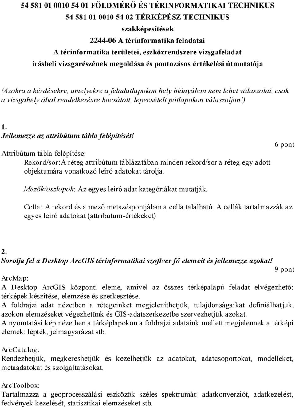 rendelkezésre bocsátott, lepecsételt pótlapokon válaszoljon!) 1. Jellemezze az attribútum tábla felépítését!