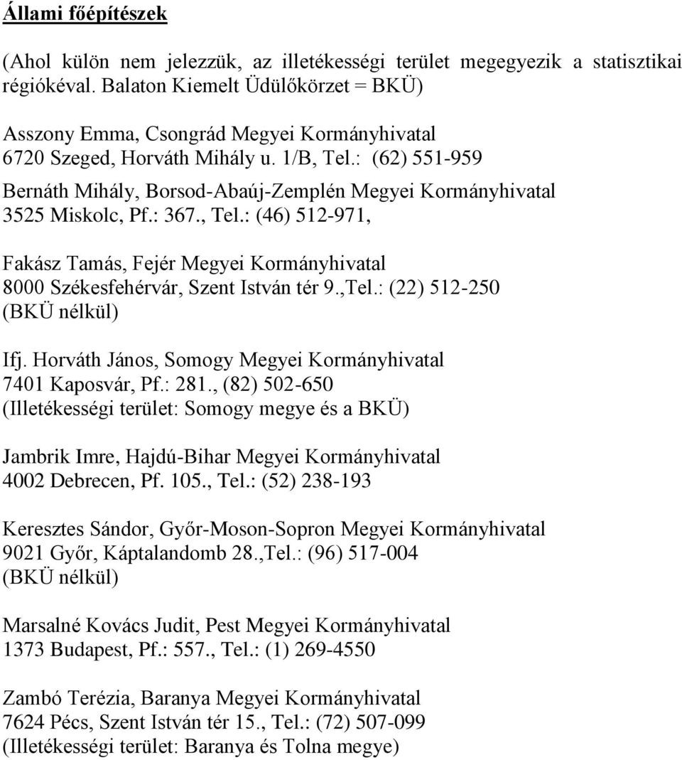 : (62) 551-959 Bernáth Mihály, Borsod-Abaúj-Zemplén Megyei Kormányhivatal 3525 Miskolc, Pf.: 367., Tel.