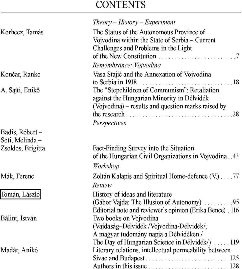 Sajti, Enikő the Stepchildren of Communism : Retaliation against the Hungarian Minority in Délvidék (Vojvodina) results and question marks raised by the research.
