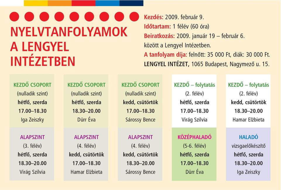 30 Iga Zeiszky KEZDÕ CSOPORT (nulladik szint) hétfõ, szerda 18.30 20.00 Dürr Éva KEZDÕ CSOPORT (nulladik szint) kedd, csütörtök 17.00 18.30 Sárossy Bence KEZDÕ folytatás (2. félév) hétfõ, szerda 17.