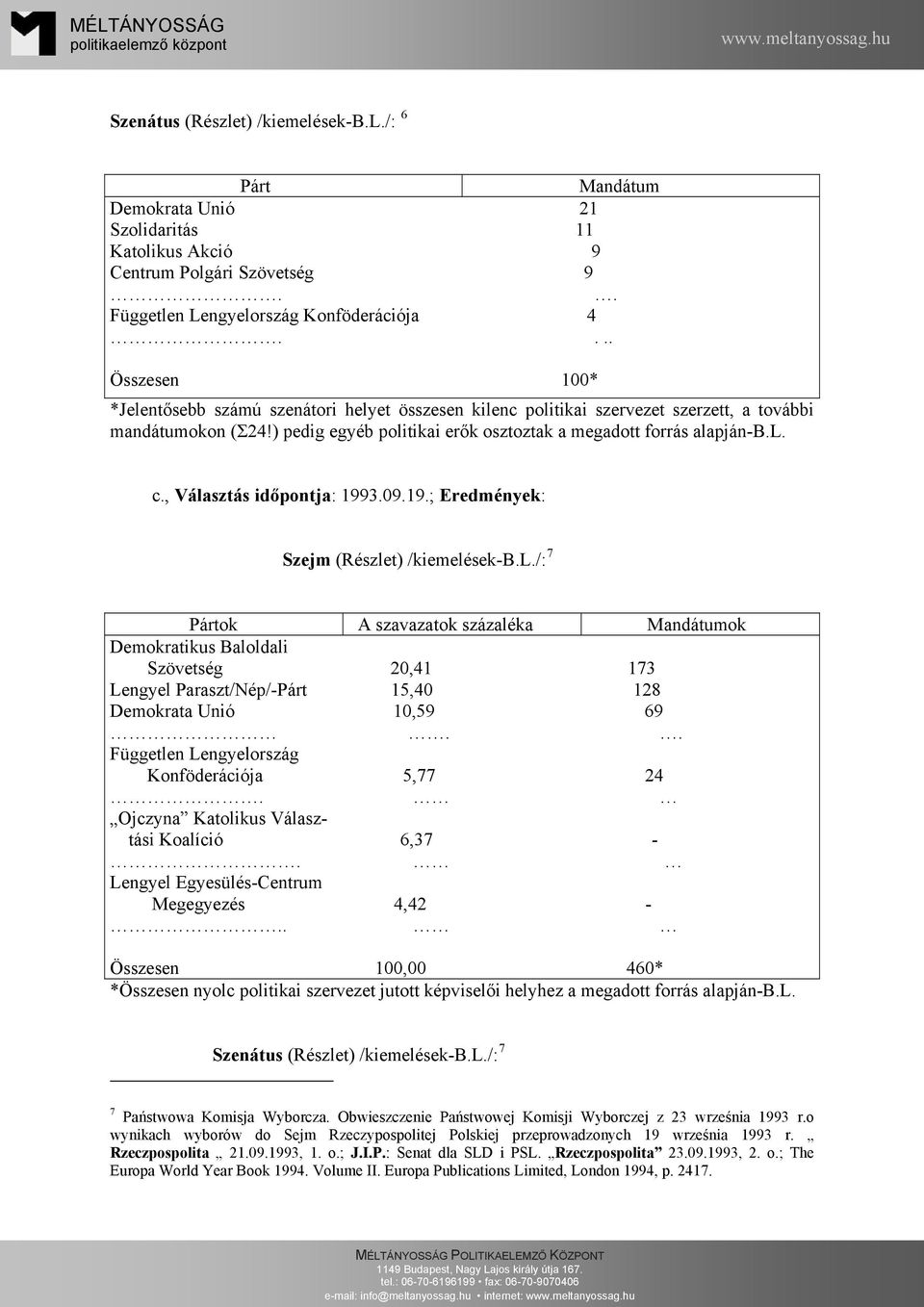 , Választás időpontja: 1993.09.19.; Eredmények: Szejm (Részlet) /kiemelések-b.l./: 7 Pártok A szavazatok százaléka Mandátumok Demokratikus Baloldali Szövetség 20,41 173 Lengyel Paraszt/Nép/-Párt 15,40 128 Demokrata Unió 10,59 69.