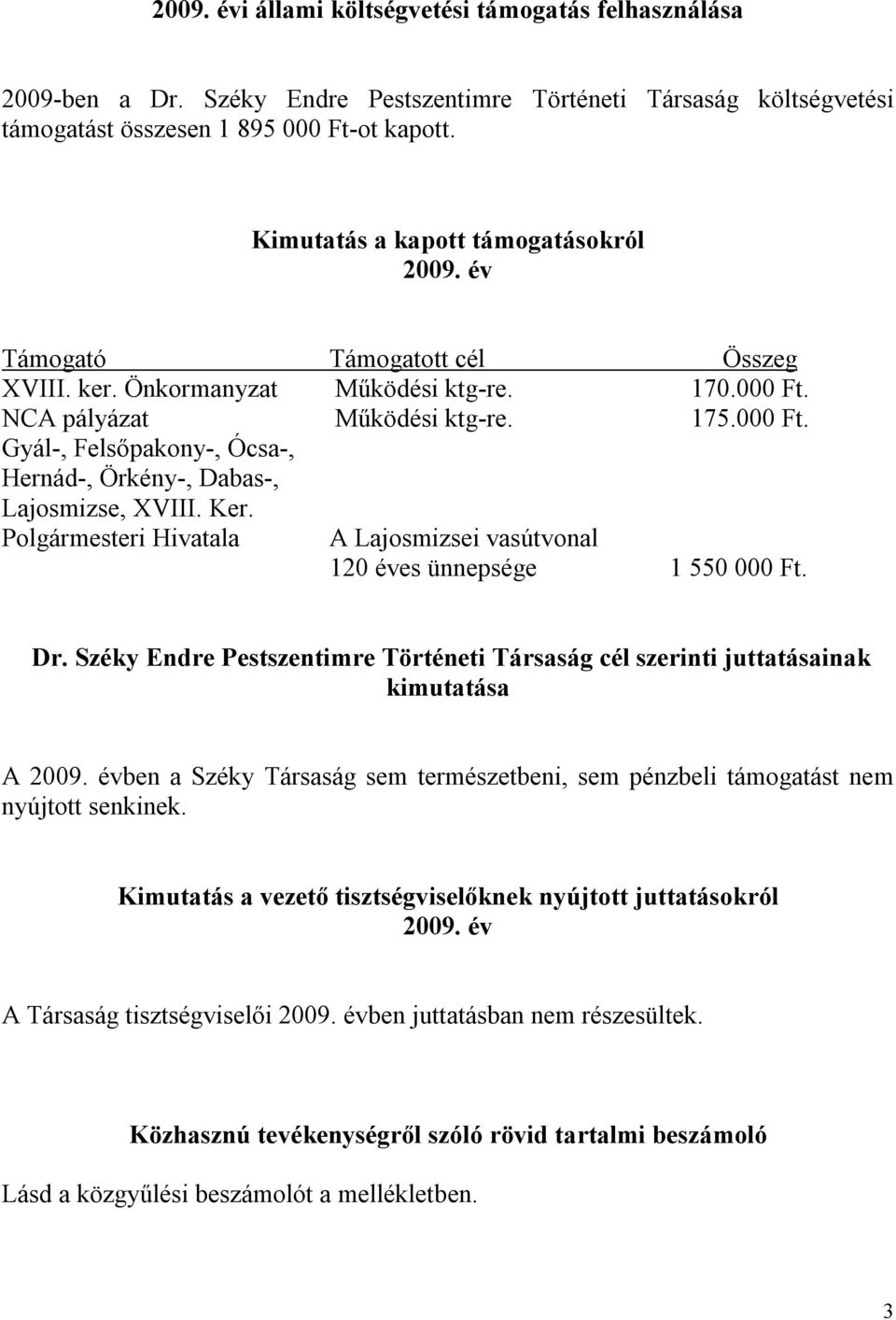 Ker. Polgármesteri Hivatala A Lajosmizsei vasútvonal 120 éves ünnepsége 1 550 000 Ft. Dr. Széky Endre Pestszentimre Történeti Társaság cél szerinti juttatásainak kimutatása A 2009.