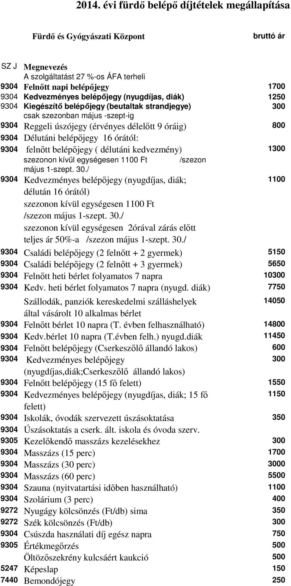 16 órától: 9304 felnőtt belépőjegy ( délutáni kedvezmény) 1300 szezonon kívül egységesen 1100 Ft /szezon május 1-szept. 30.