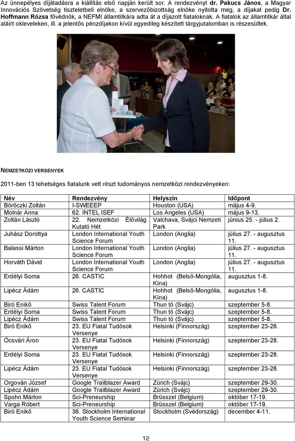Hoffmann Rózsa fővédnök, a NEFMI államtitkára adta át a díjazott fiataloknak. A fiatalok az államtitkár által aláírt okleveleken, ill.