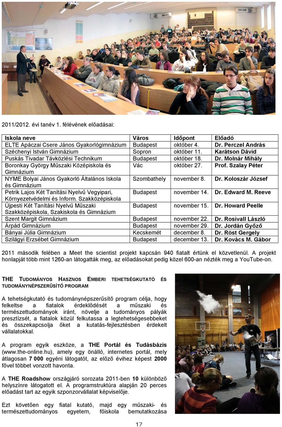 Molnár Mihály Boronkay György Műszaki Középiskola és Vác október 27. Prof. Szalay Péter Gimnázium NYME Bolyai János Gyakorló Általános Iskola Szombathely november 8. Dr.
