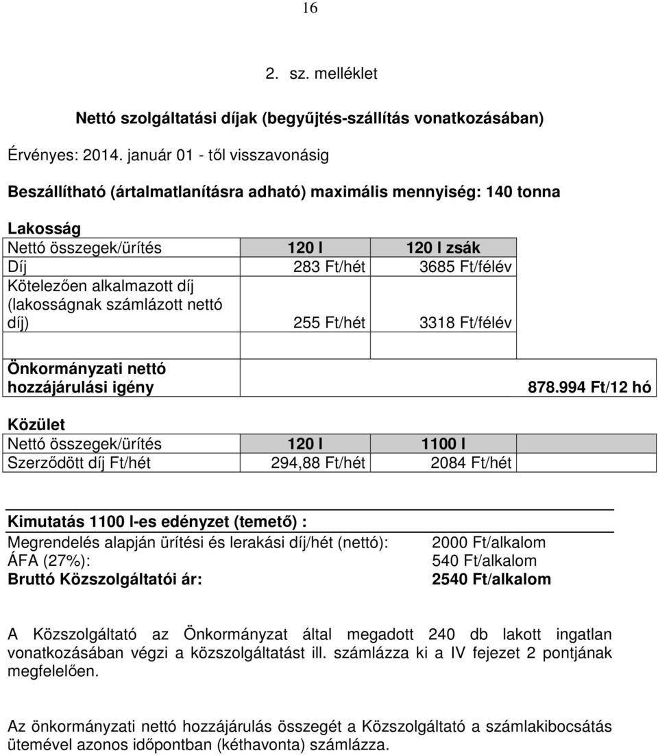 alkalmazott díj (lakosságnak számlázott nettó díj) 255 Ft/hét 3318 Ft/félév Önkormányzati nettó hozzájárulási igény 878.