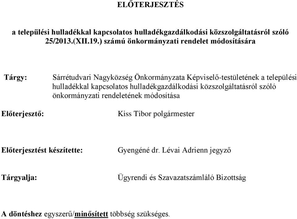 települési hulladékkal kapcsolatos hulladékgazdálkodási közszolgáltatásról szóló önkormányzati rendeletének módosítása Kiss Tibor