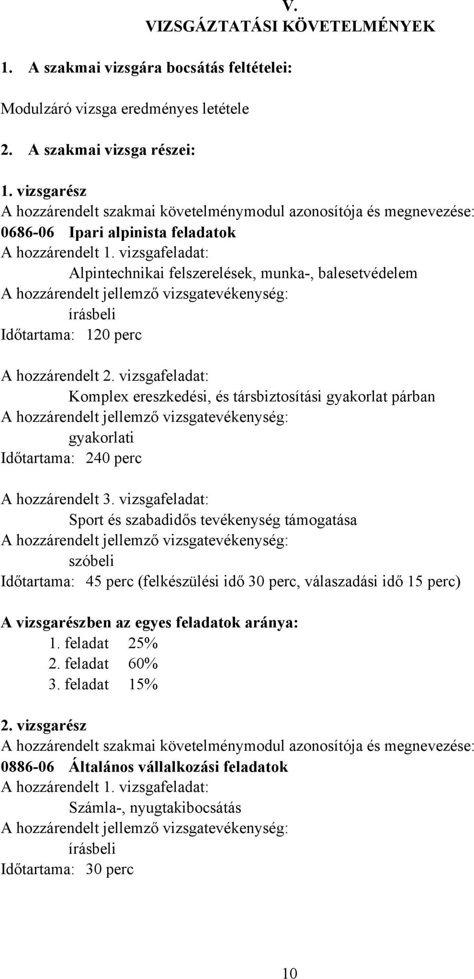 vizsgafeladat: Alpintechnikai felszerelések, munka-, balesetvédelem A hozzárendelt jellemző vizsgatevékenység: írásbeli Időtartama: 120 perc A hozzárendelt 2.