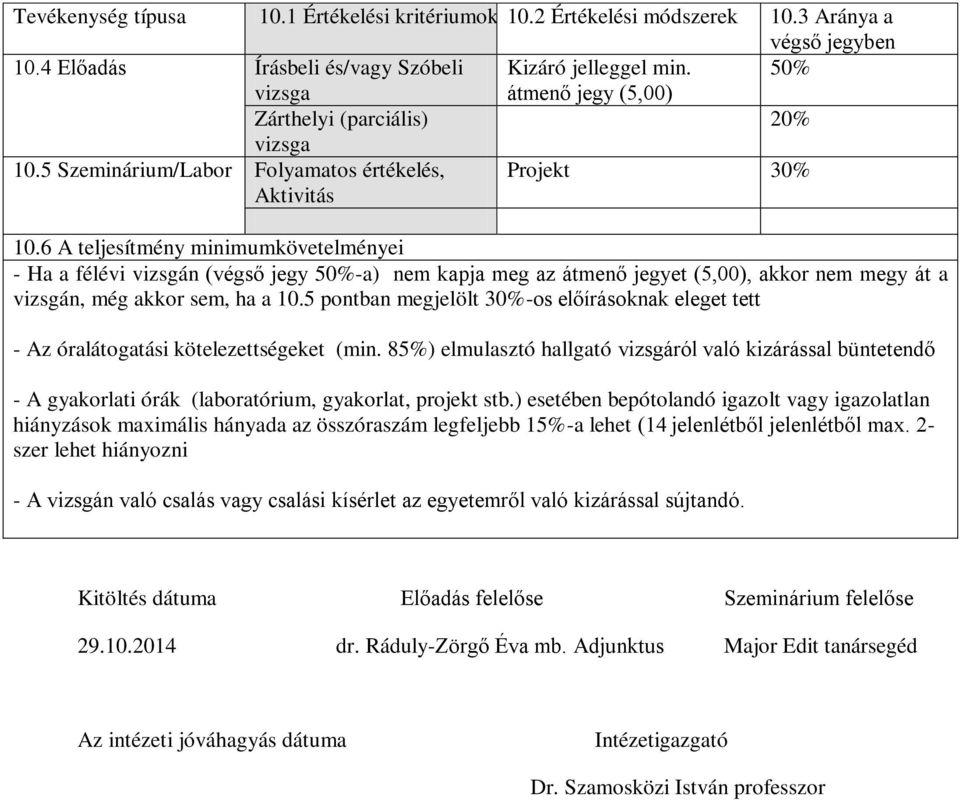 6 A teljesítmény minimumkövetelményei - Ha a félévi vizsgán (végső jegy 50%-a) nem kapja meg az átmenő jegyet (5,00), akkor nem megy át a vizsgán, még akkor sem, ha a 10.