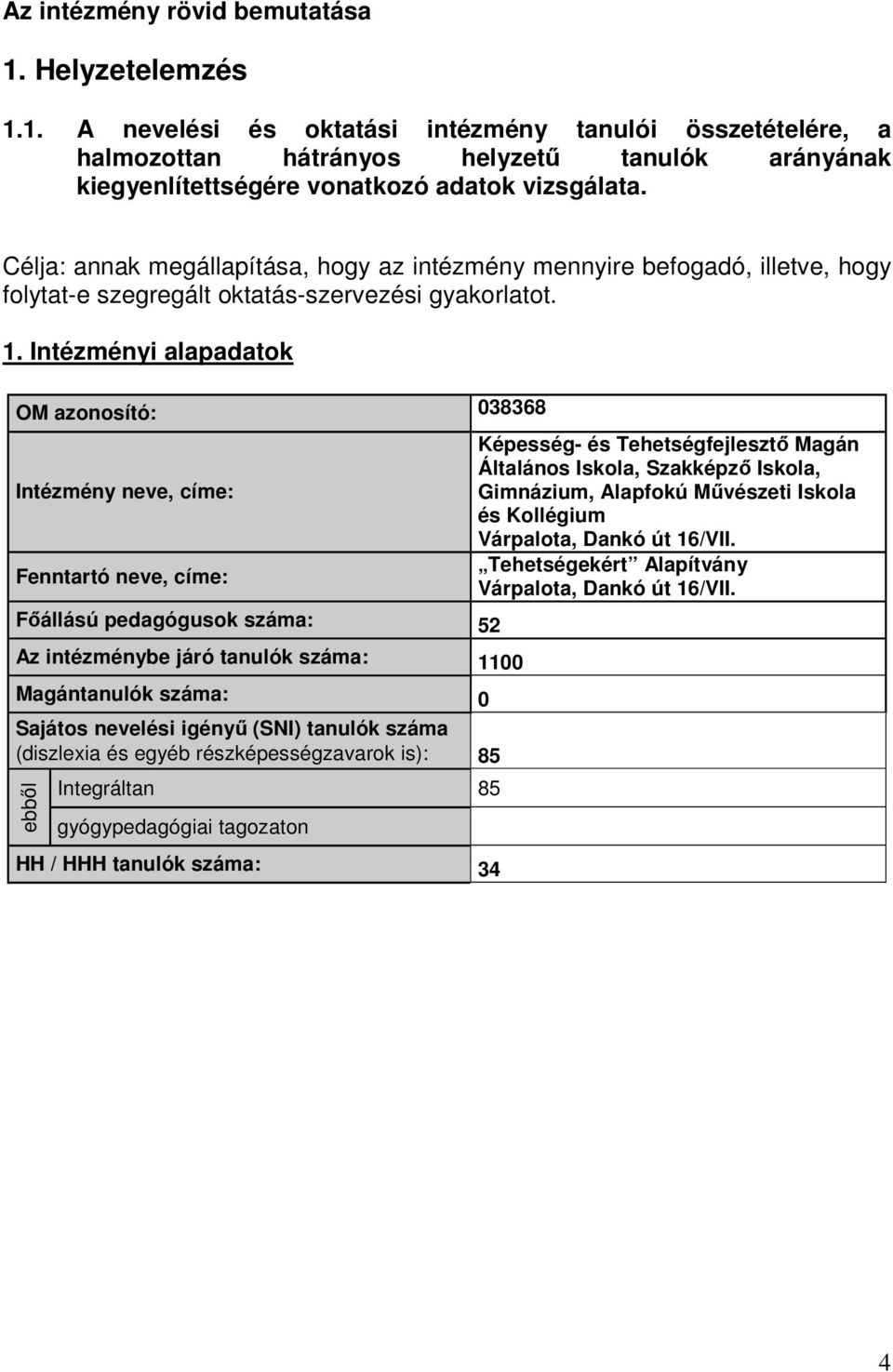 Intézményi alapadatok OM azonosító: 038368 Intézmény neve, címe: Fenntartó neve, címe: Fıállású pedagógusok száma: 52 Az intézménybe járó száma: 1100 Magán száma: 0 Sajátos nevelési igényő (SNI)