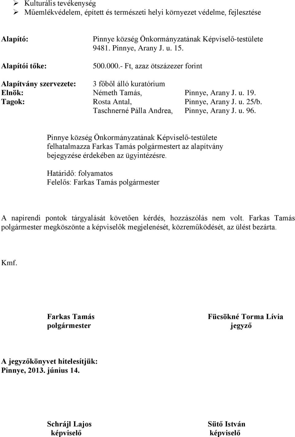 Taschnerné Pálla Andrea, Pinnye, Arany J. u. 96. felhatalmazza Farkas Tamás polgármestert az alapítvány bejegyzése érdekében az ügyintézésre.