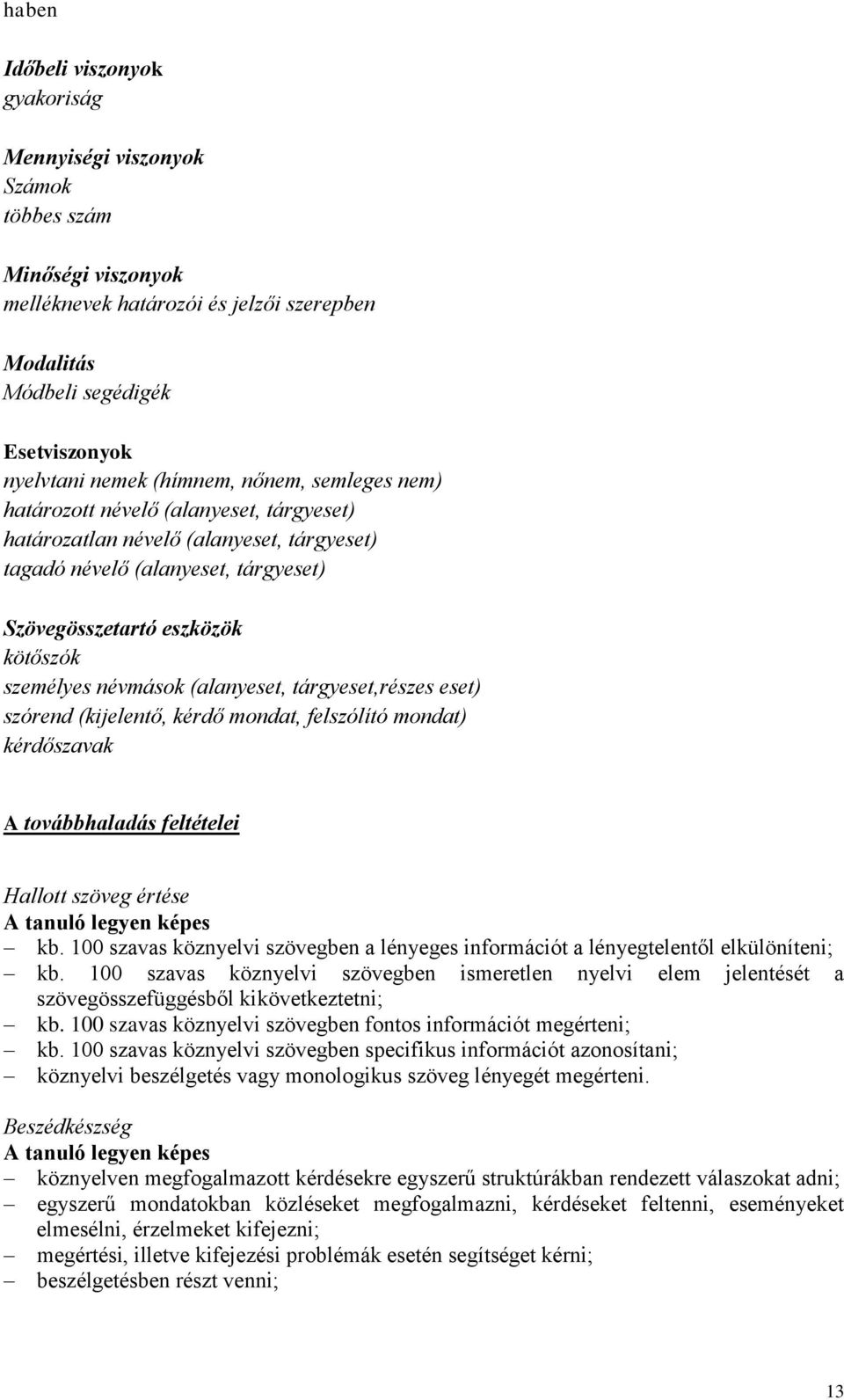 névmások (alanyeset, tárgyeset,részes eset) szórend (kijelentő, kérdő mondat, felszólító mondat) kérdőszavak A továbbhaladás feltételei Hallott szöveg értése A tanuló legyen képes kb.
