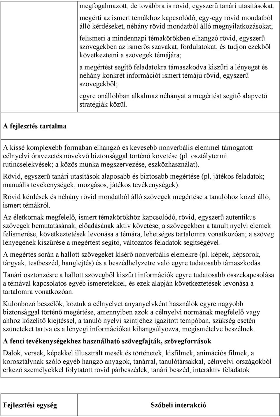 támaszkodva kiszűri a lényeget és néhány konkrét információt ismert témájú rövid, egyszerű szövegekből; egyre önállóbban alkalmaz néhányat a megértést segítő alapvető stratégiák közül.