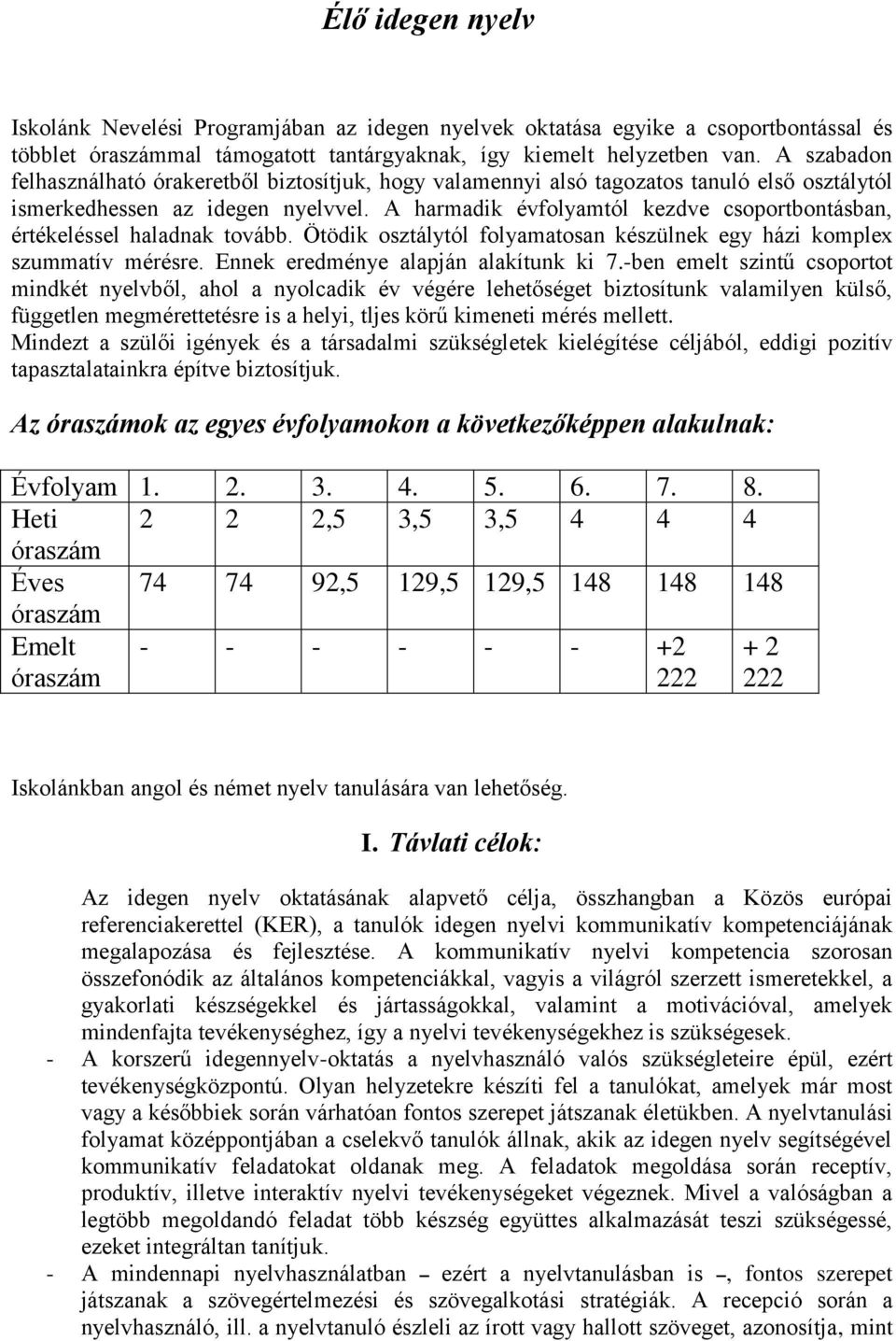 A harmadik évfolyamtól kezdve csoportbontásban, értékeléssel haladnak tovább. Ötödik osztálytól folyamatosan készülnek egy házi komplex szummatív mérésre. Ennek eredménye alapján alakítunk ki 7.