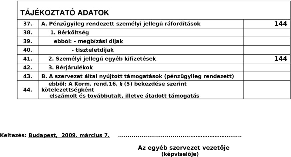 rjárulékok 43. B. A szervezet által nyújtott támogatások (pénzügyileg rendezett) 44. ebből: A Korm. rend.16.