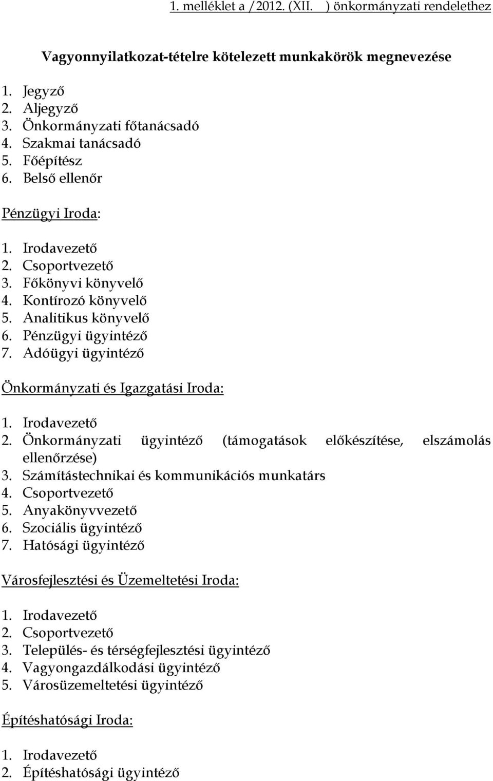 Adóügyi ügyintéző Önkormányzati és Igazgatási Iroda: 1. Irodavezető 2. Önkormányzati ügyintéző (támogatások előkészítése, elszámolás ellenőrzése) 3. Számítástechnikai és kommunikációs munkatárs 4.