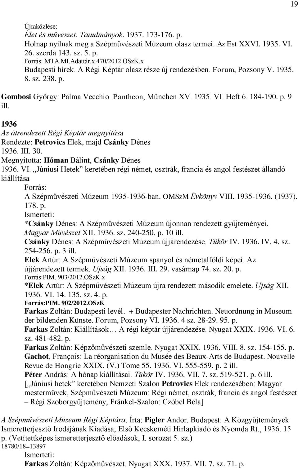 1936 Az átrendezett Régi Képtár megnyitása Rendezte: Petrovics Elek, majd Csánky Dénes 1936. III. 30. Megnyitotta: Hóman Bálint, Csánky Dénes 1936. VI.