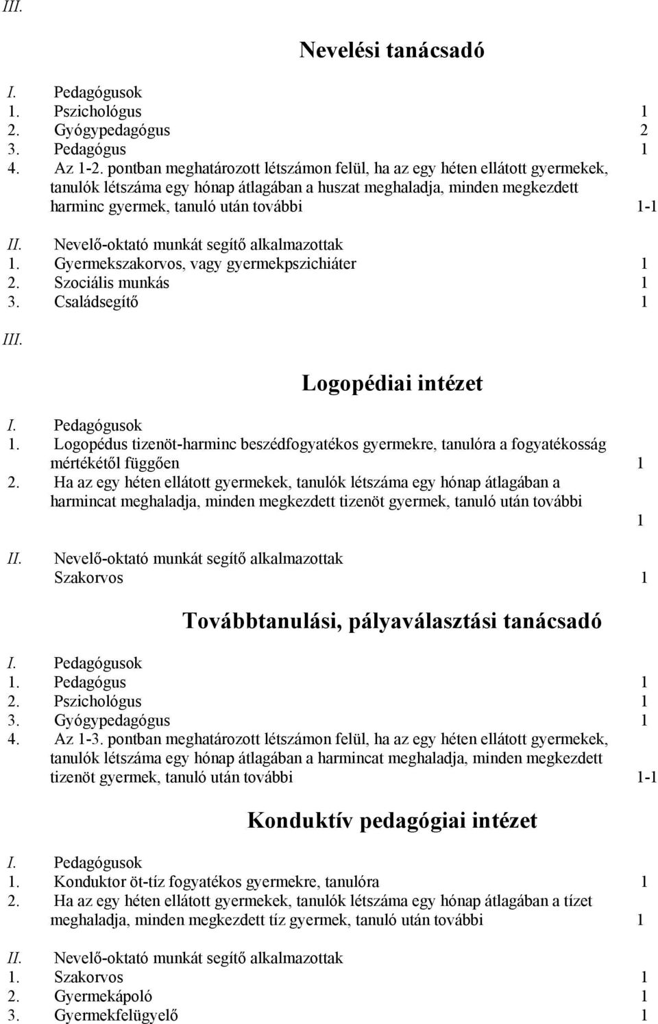 Nevelő-oktató munkát segítő alkalmazottak 1. Gyermekszakorvos, vagy gyermekpszichiáter 1 2. Szociális munkás 1 3. Családsegítő 1 III. Logopédiai intézet I. Pedagógusok 1.