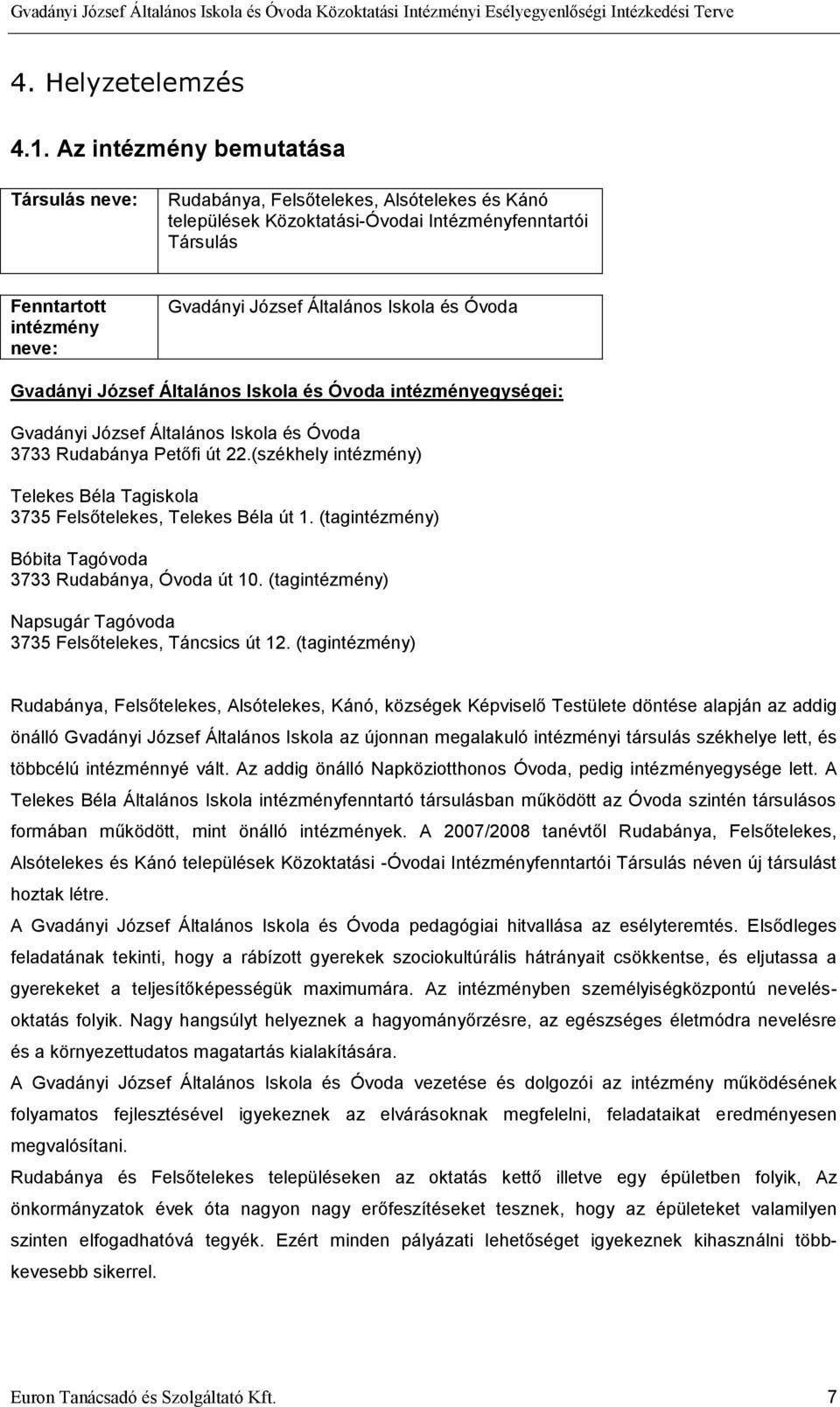 Iskola és Óvoda Gvadányi József Általános Iskola és Óvoda intézményegységei: Gvadányi József Általános Iskola és Óvoda 3733 Rudabánya Petőfi út 22.