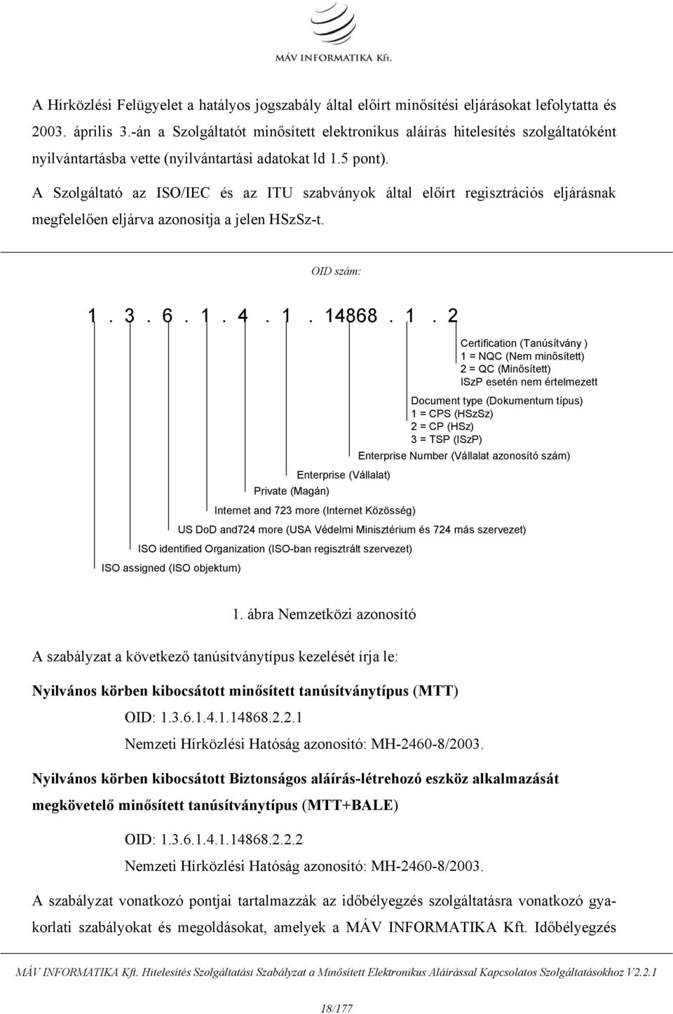 A Szolgáltató az ISO/IEC és az ITU szabványok által előírt regisztrációs eljárásnak megfelelően eljárva azonosítja a jelen HSzSz-t. OID szám: 1.