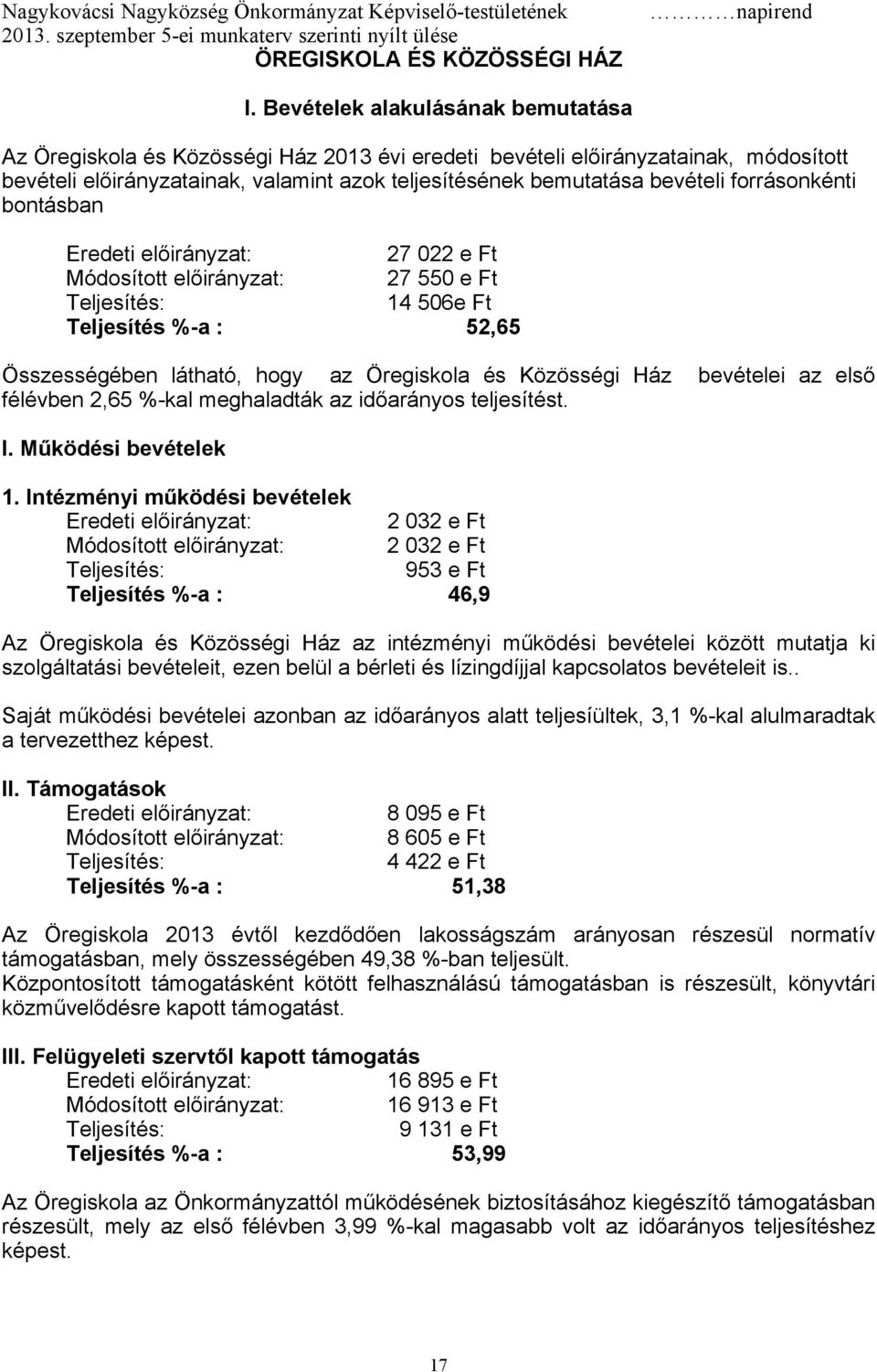 forrásonkénti bontásban 27 022 e Ft 27 550 e Ft 14 506e Ft Teljesítés %-a : 52,65 Összességében látható, hogy az Öregiskola és Közösségi Ház bevételei az első félévben 2,65 %-kal meghaladták az