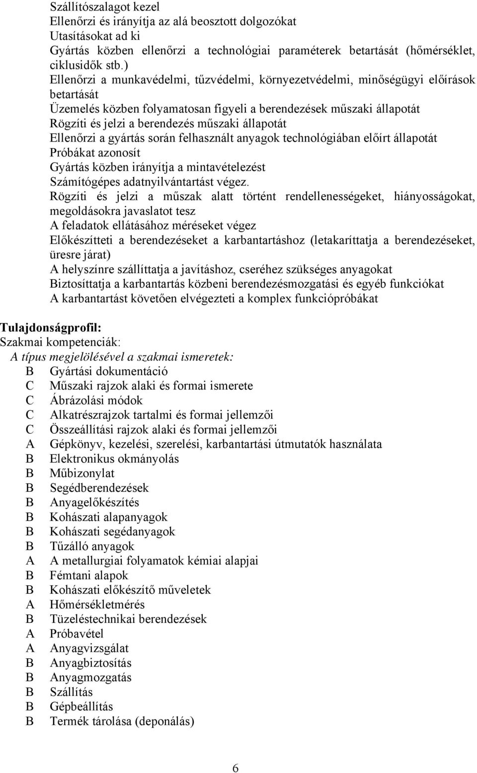 állapotát Ellenőrzi a gyártás során felhasznált anyagok technológiában előírt állapotát Próbákat azonosít Gyártás közben irányítja a mintavételezést Számítógépes adatnyilvántartást végez.