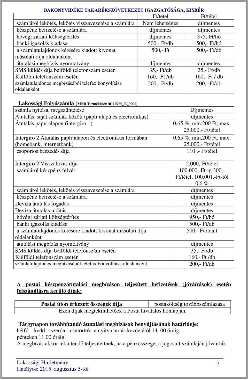 számlatulajdonos megbízásából telefax bonyolítása 200,- Ft/db 200,- Ft/db Lakossági Folyószámla (MNB Termékkód:10110760_E_0001) számla nyitása, megszüntetése Átutalás saját számlák között (papír