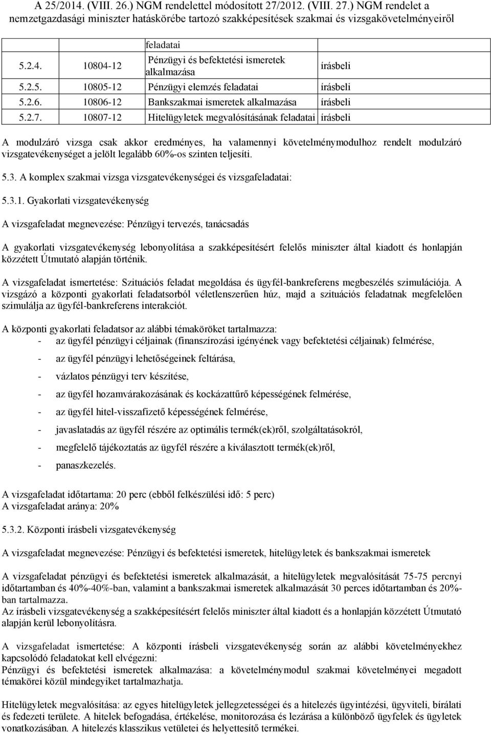 szinten teljesíti. 5.3. A komplex szakmai vizsga vizsgatevékenységei és vizsgafeladatai: 5.3.1.