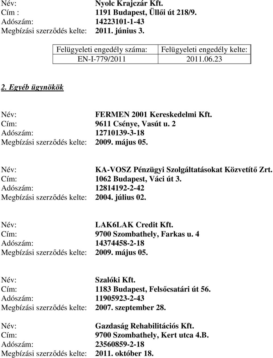 Cím: 1062 Budapest, Váci út 3. Adószám: 12814192-2-42 Megbízási szerződés kelte: 2004. július 02. LAK6LAK Credit Kft. Cím: 9700 Szombathely, Farkas u.