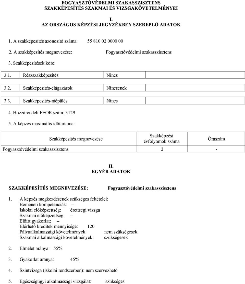 Hozzárendelt FEOR szám: 3129 5. A képzés maximális időtartama: Szakképesítés megnevezése Szakképzési évfolyamok száma Óraszám Fogyasztóvédelmi szakasszisztens á 2 - II.