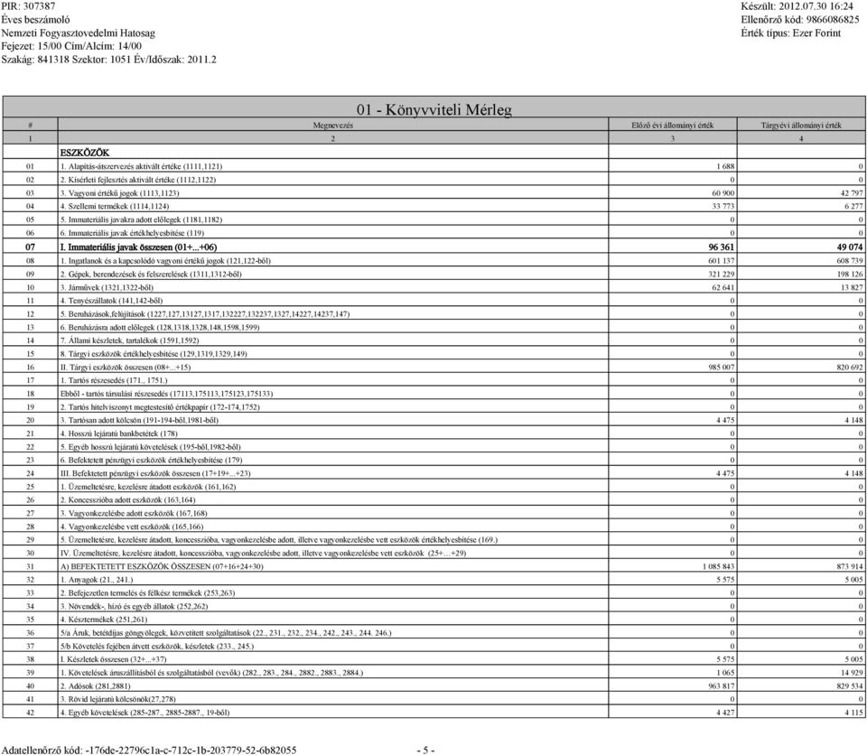 Immateriális javakra adott előlegek (1181,1182) 0 0 06 6. Immateriális javak értékhelyesbítése (119) 0 0 07 I. Immateriális javak összesen (01+...+06) 96 361 49 074 08 1.