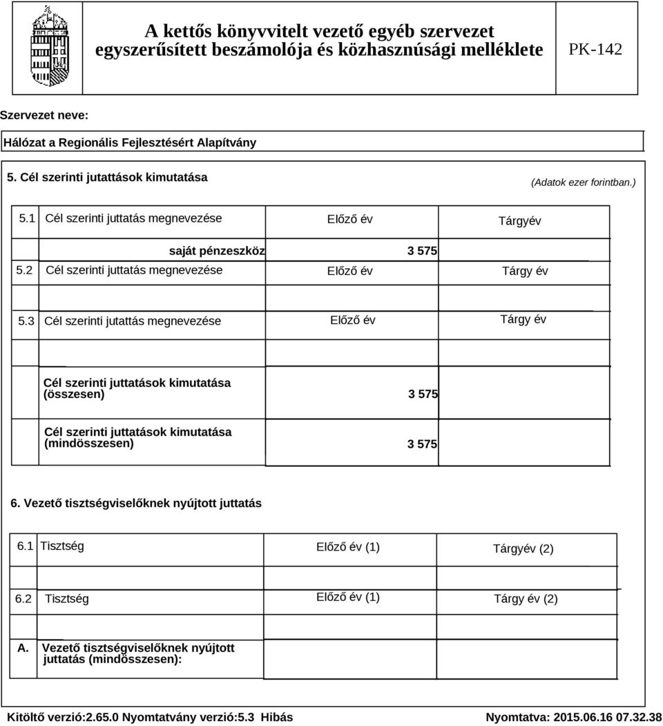 3 Cél szerinti jutattás megnevezése Előző év Tárgy év Cél szerinti juttatások kimutatása (összesen) 3 575 Cél szerinti juttatások