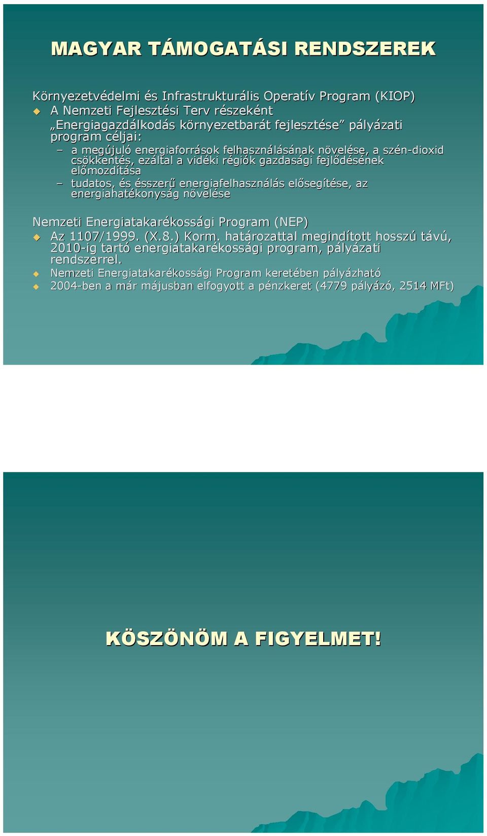 előmozd mozdítása tudatos, és ésszerű energiafelhasználás s előseg segítése, se, az energiahatékonys konyság g növeln velése Nemzeti Energiatakarékoss kossági Program (NEP) Az 1107/1999. (X.8.) Korm.