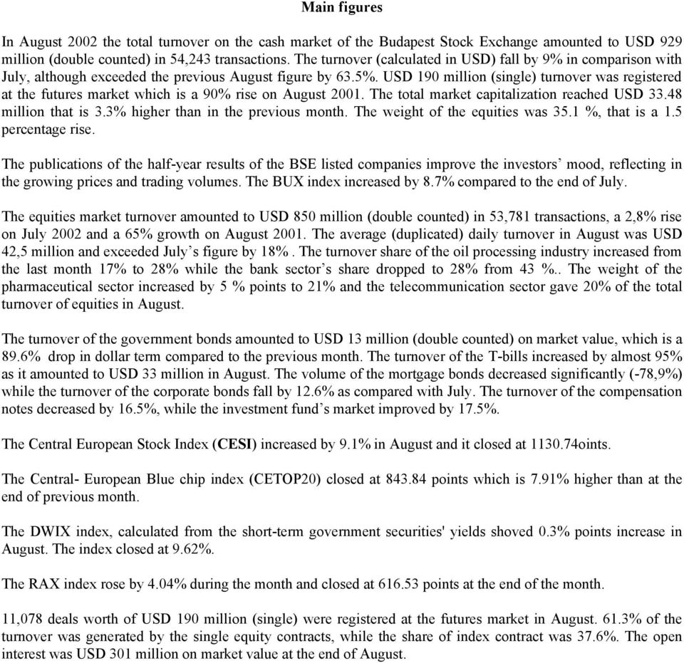 USD 190 million (single) turnover was registered at the futures market which is a 90% rise on August 2001. The total market capitalization reached USD 33.48 million that is 3.