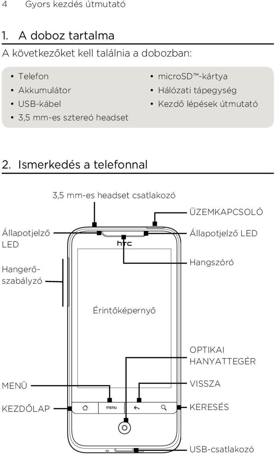 útmutató 2 Ismerkedés a telefonnal 3,5 mm-es headset csatlakozó ÜZEMKAPCSOLÓ Állapotjelző LED