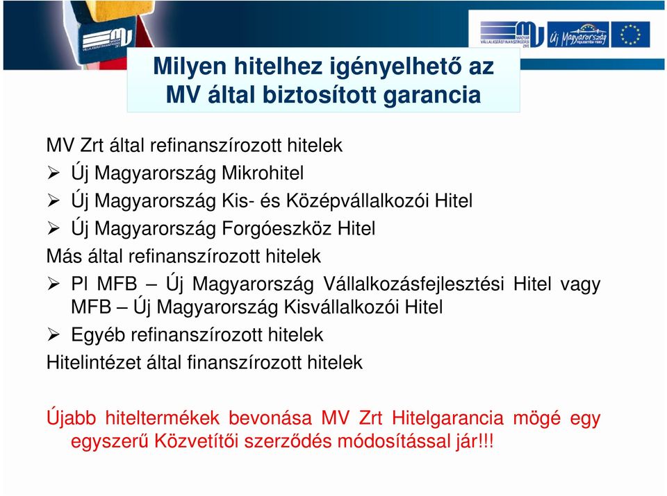 Magyarország Vállalkozásfejlesztési Hitel vagy MFB Új Magyarország Kisvállalkozói Hitel Egyéb refinanszírozott hitelek