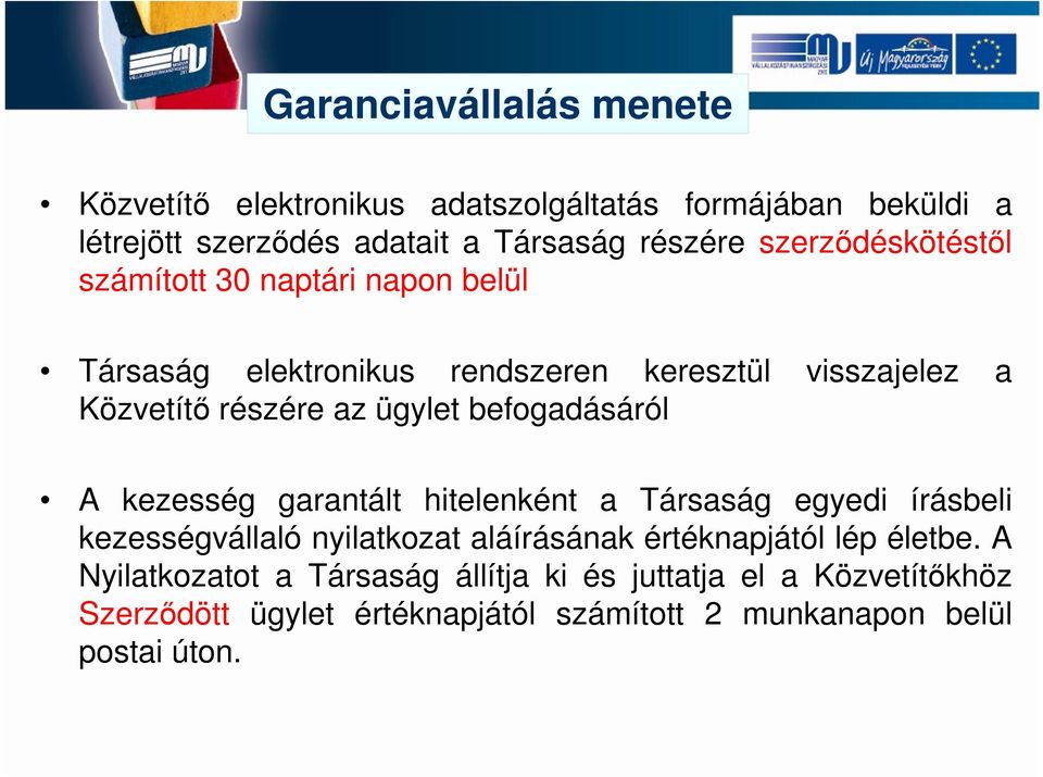 befogadásáról A kezesség garantált hitelenként a Társaság egyedi írásbeli kezességvállaló nyilatkozat aláírásának értéknapjától lép