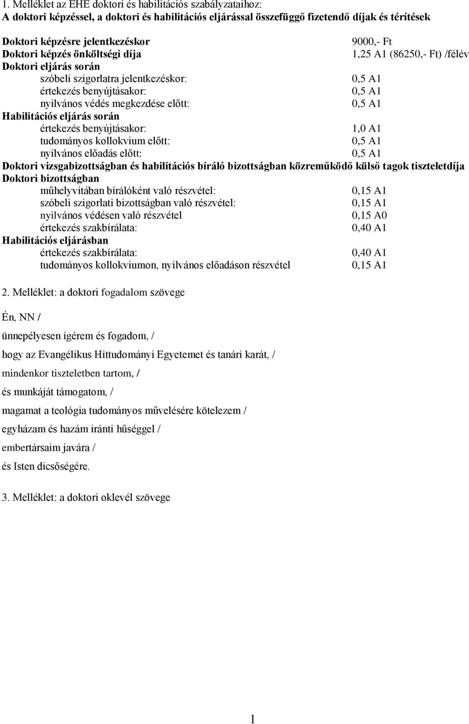 Habilitációs eljárás során értekezés benyújtásakor:,0 A tudományos kollokvium előtt: 0,5 A nyilvános előadás előtt: 0,5 A Doktori vizsgabizottságban és habilitációs bíráló bizottságban közreműködő