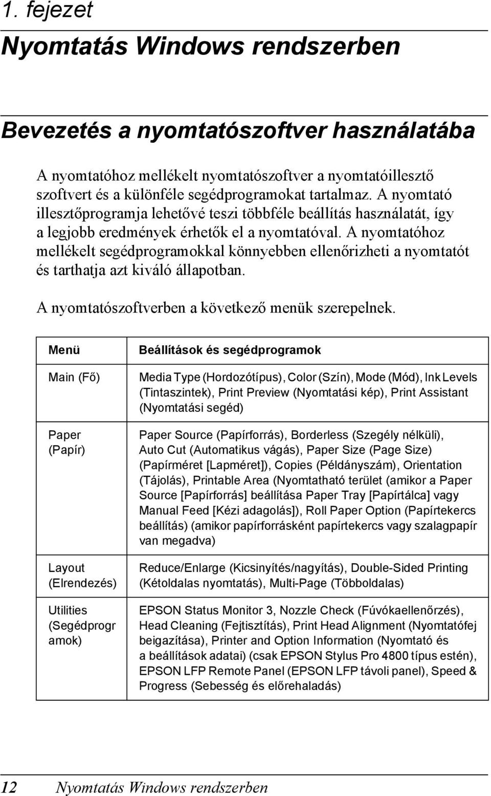A nyomtatóhoz mellékelt segédprogramokkal könnyebben ellenőrizheti a nyomtatót és tarthatja azt kiváló állapotban. A nyomtatószoftverben a következő menük szerepelnek.