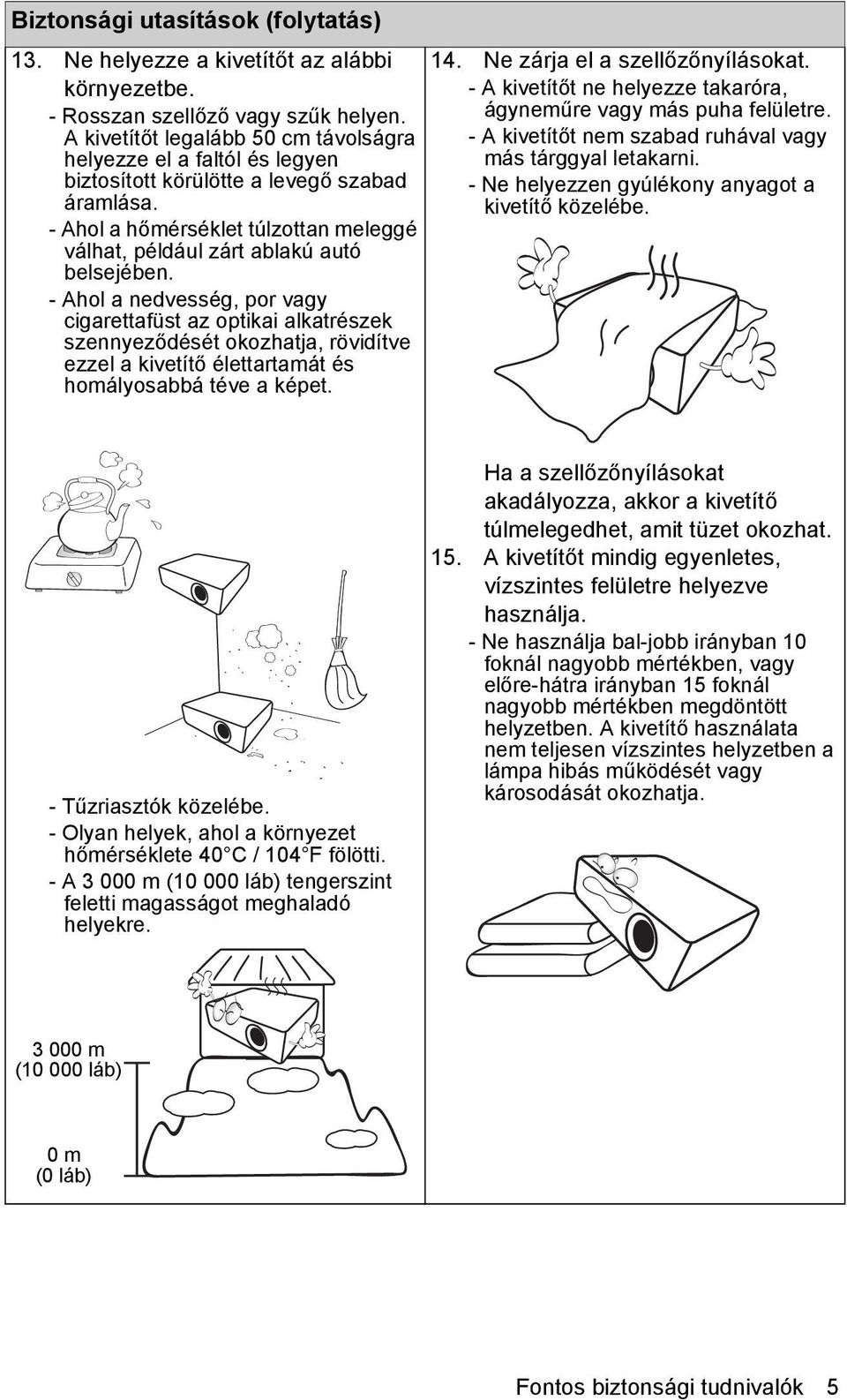 - Ahol a nedvesség, por vagy cigarettafüst az optikai alkatrészek szennyeződését okozhatja, rövidítve ezzel a kivetítő élettartamát és homályosabbá téve a képet. 14. Ne zárja el a szellőzőnyílásokat.