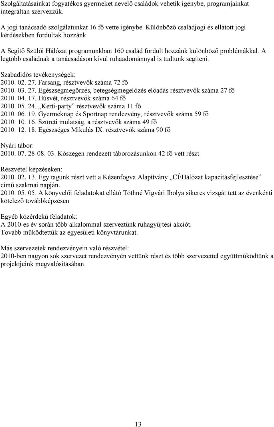 A legtöbb családnak a tanácsadáson kívül ruhaadománnyal is tudtunk segíteni. Szabadidős tevékenységek: 2010. 02. 27. Farsang, résztvevők száma 72 fő 2010. 03. 27. Egészségmegőrzés, betegségmegelőzés előadás résztvevők száma 27 fő 2010.