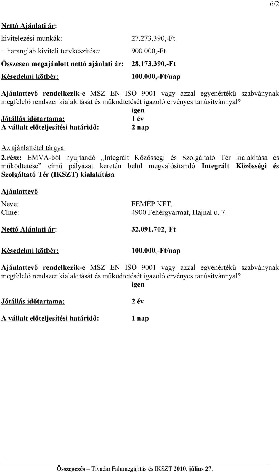 rész: EMVA-ból nyújtandó Integrált Közösségi és Szolgáltató Tér kialakítása és működtetése című pályázat keretén belül megvalósítandó Integrált