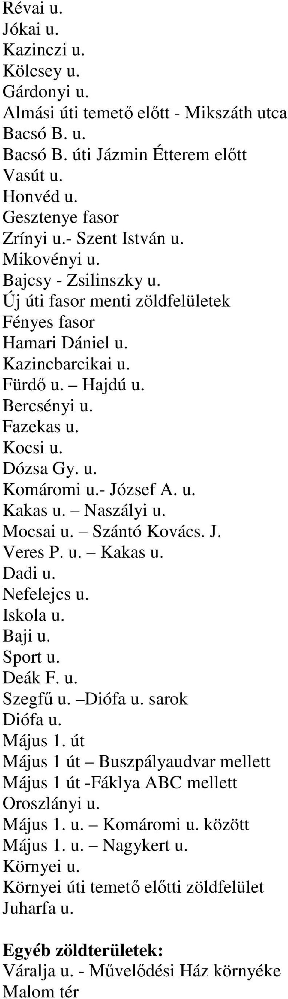 - József A. u. Kakas u. Naszályi u. Mocsai u. Szántó Kovács. J. Veres P. u. Kakas u. Dadi u. Nefelejcs u. Iskola u. Baji u. Sport u. Deák F. u. Szegfű u. Diófa u. sarok Diófa u. Május.