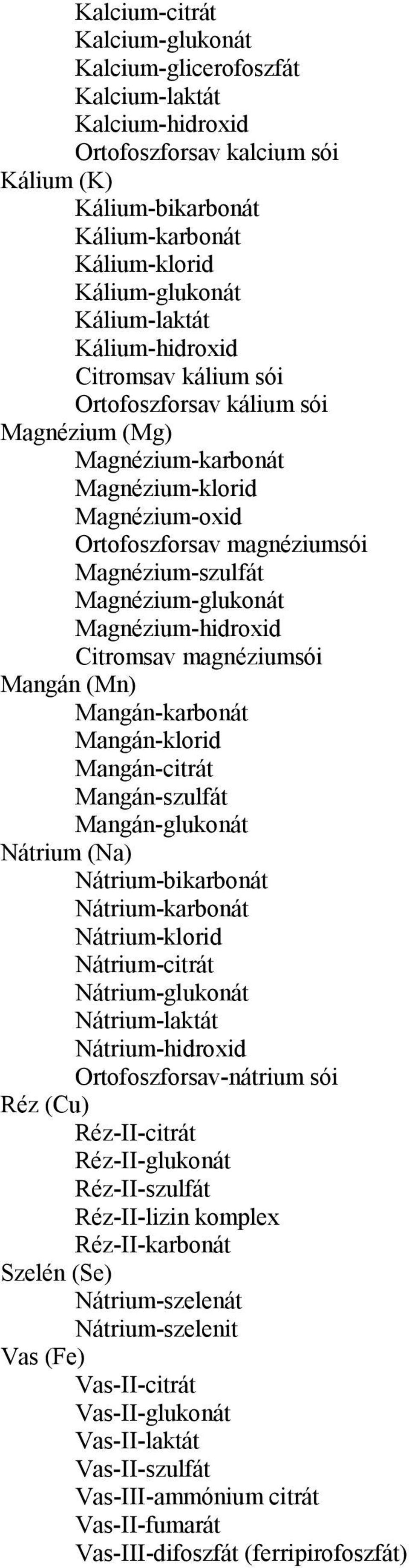 Magnézium-glukonát Magnézium-hidroxid Citromsav magnéziumsói Mangán (Mn) Mangán-karbonát Mangán-klorid Mangán-citrát Mangán-szulfát Mangán-glukonát Nátrium (Na) Nátrium-bikarbonát Nátrium-karbonát