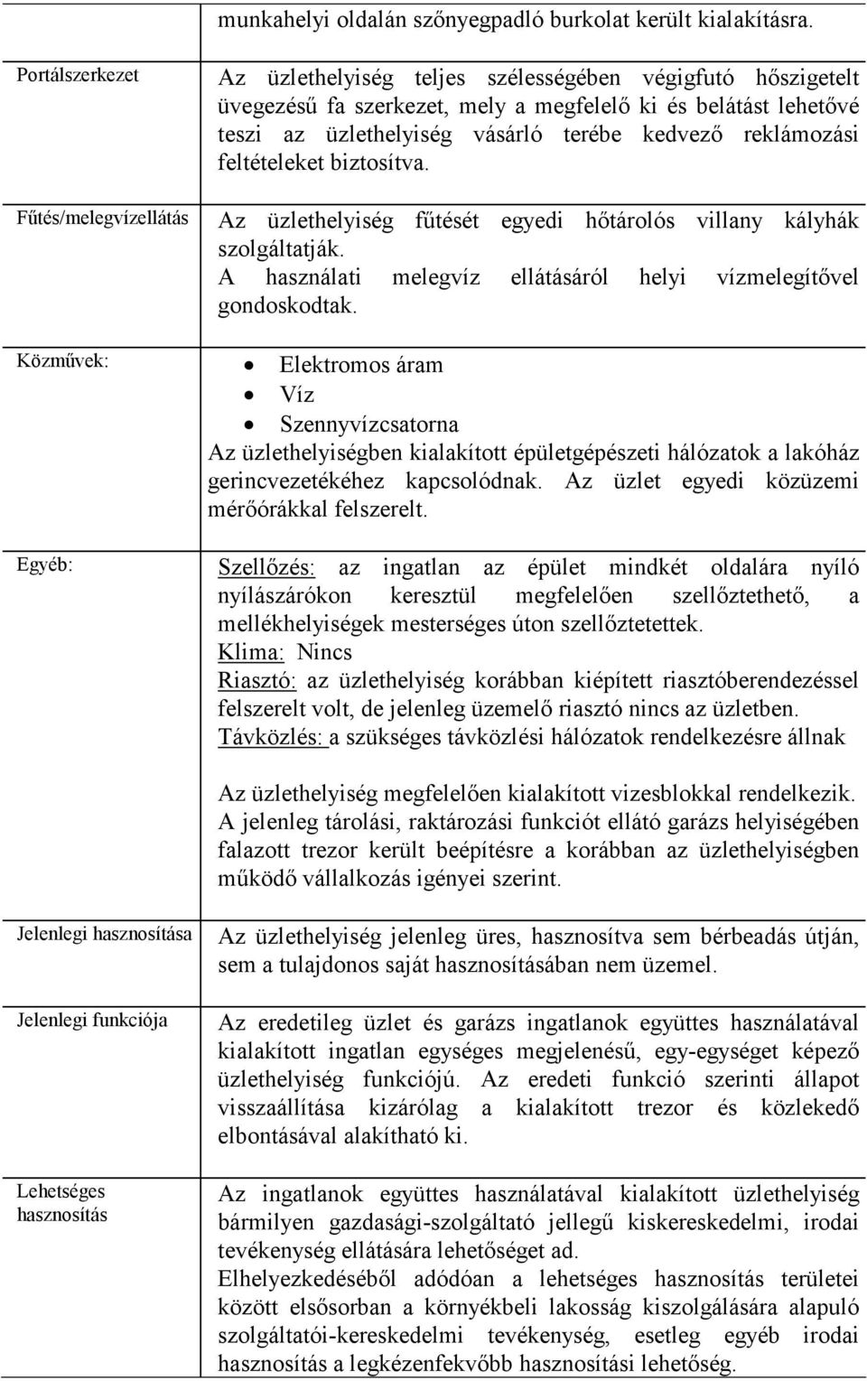 üzlethelyiség vásárló terébe kedvező reklámozási feltételeket biztosítva. Az üzlethelyiség fűtését egyedi hőtárolós villany kályhák szolgáltatják.