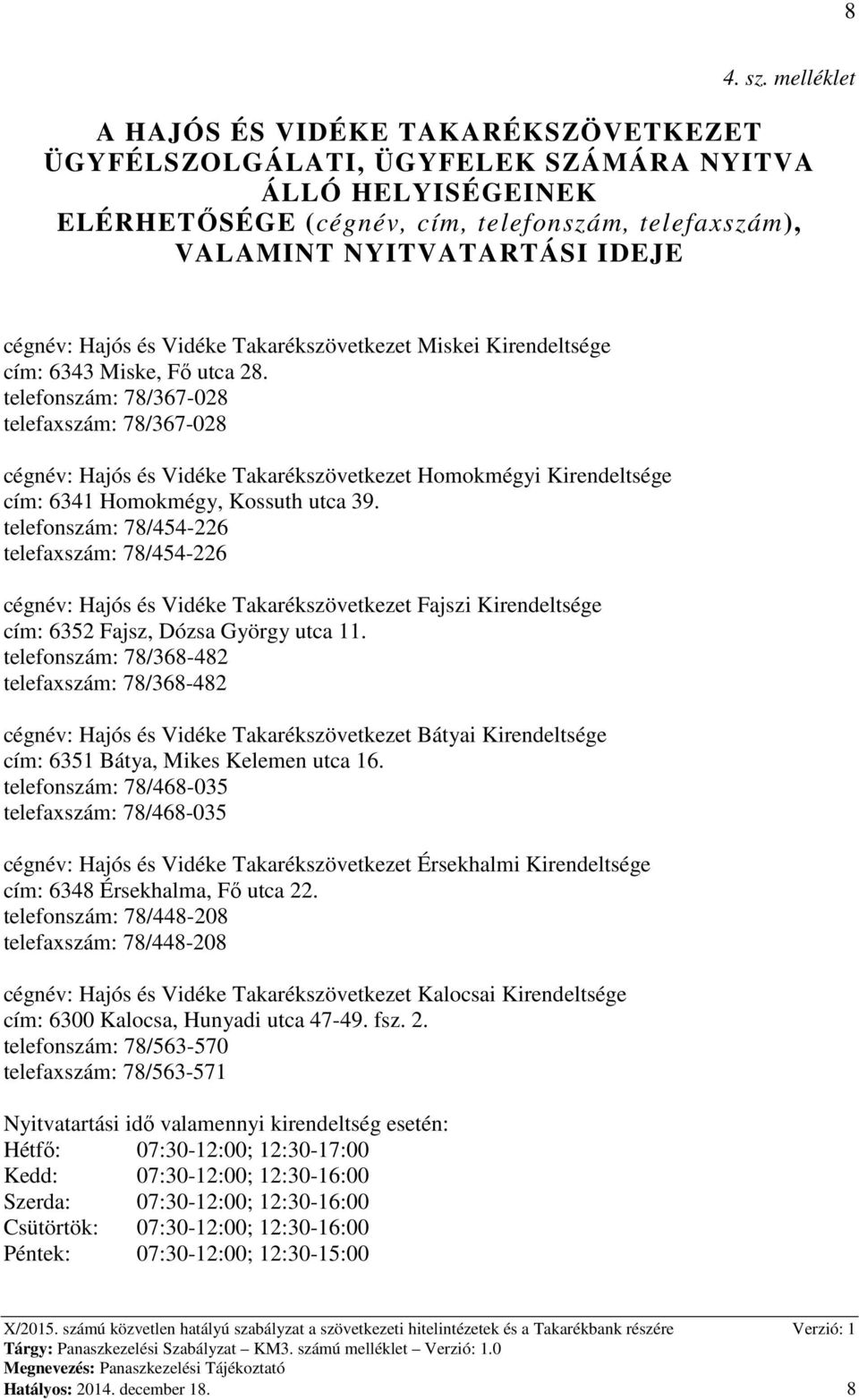 Hajós és Vidéke Takarékszövetkezet Miskei Kirendeltsége cím: 6343 Miske, Fő utca 28.