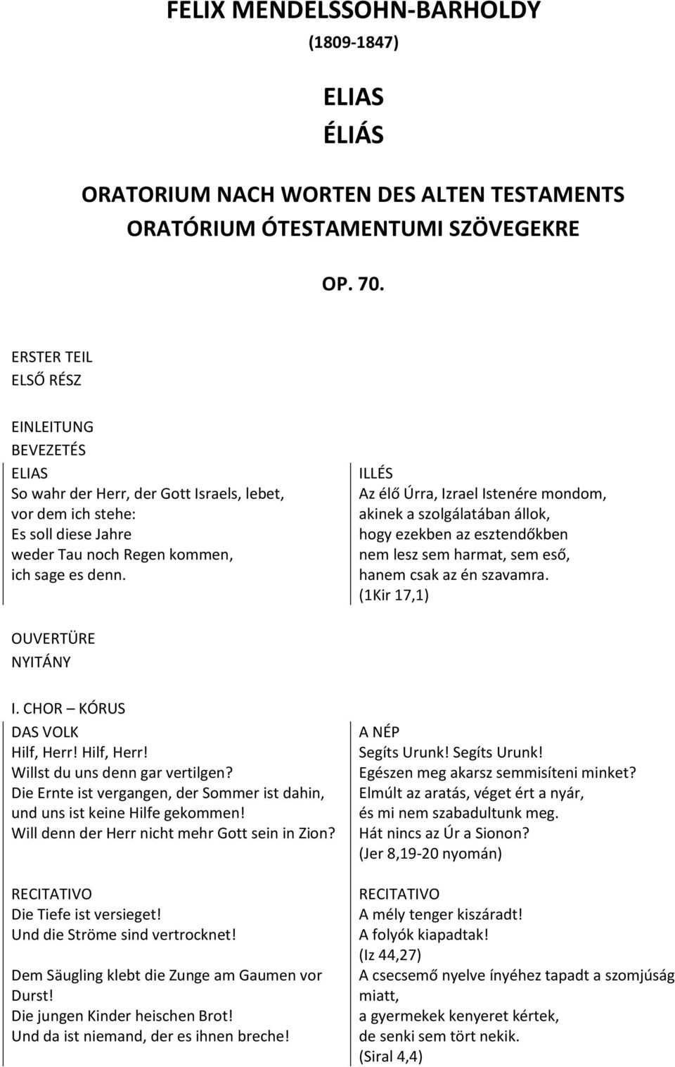 Az élő Úrra, Izrael Istenére mondom, akinek a szolgálatában állok, hogy ezekben az esztendőkben nem lesz sem harmat, sem eső, hanem csak az én szavamra. (1Kir 17,1) OUVERTÜRE NYITÁNY I.