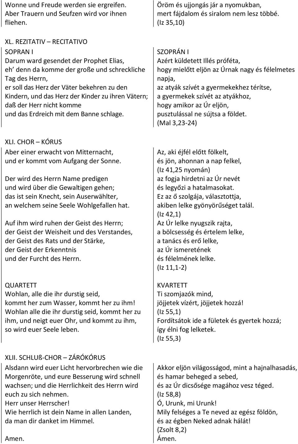 Kinder zu ihren Vätern; daß der Herr nicht komme und das Erdreich mit dem Banne schlage. XLI. CHOR KÓRUS Aber einer erwacht von Mitternacht, und er kommt vom Aufgang der Sonne.