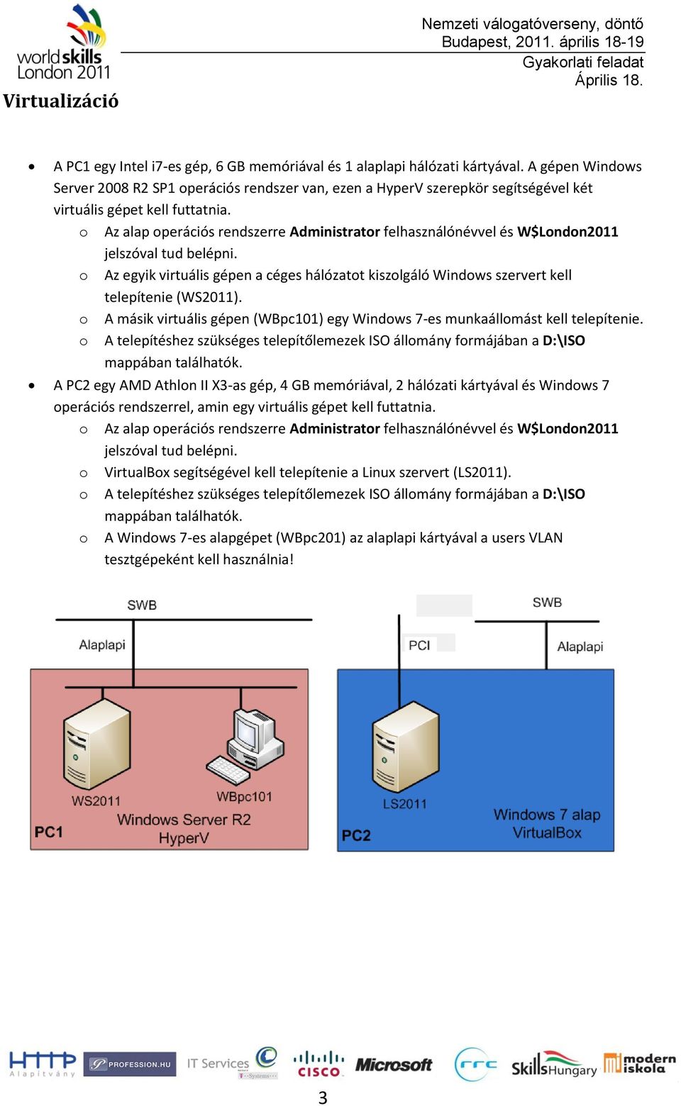 Az alap perációs rendszerre Administratr felhasználónévvel és W$Lndn2011 jelszóval tud belépni. Az egyik virtuális gépen a céges hálózatt kiszlgáló Windws szervert kell telepítenie (WS2011).